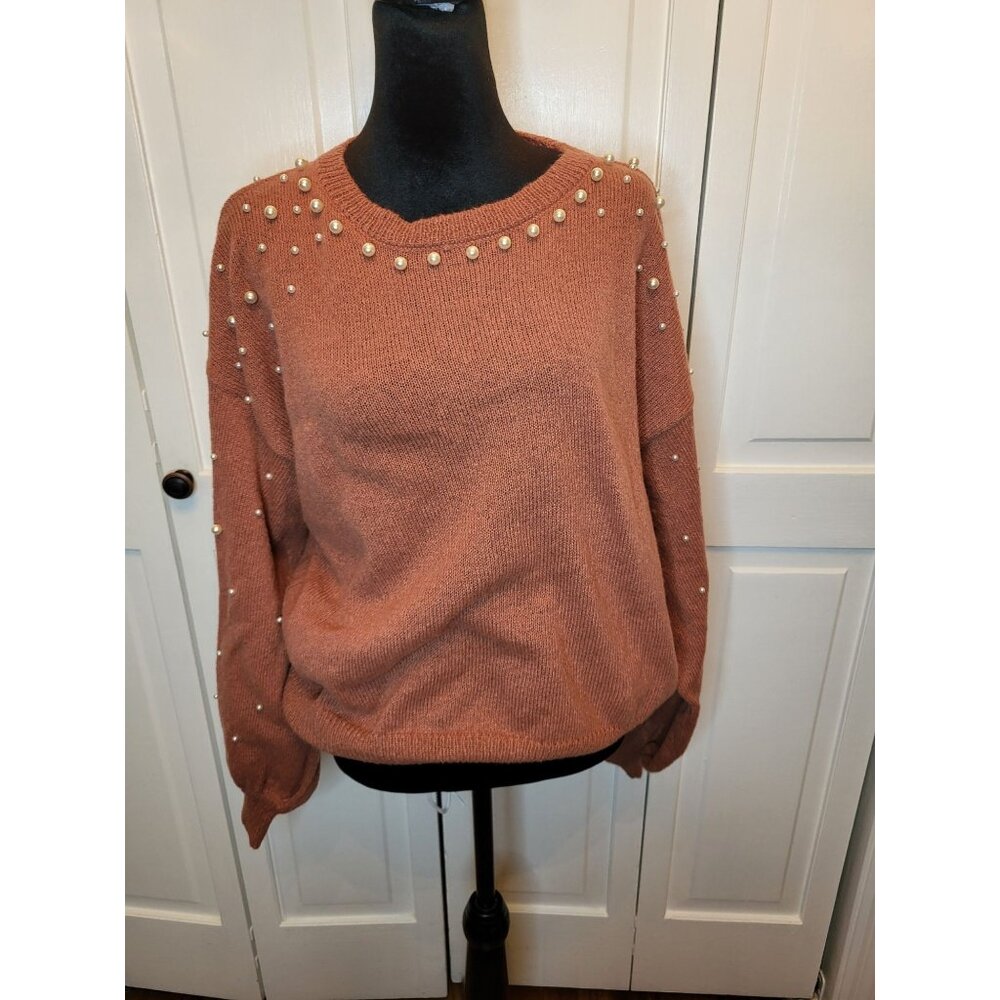 NWT Coral Sweater Pearl Puff Sleeves Crewneck  Cato XL Glam Balletcore Party